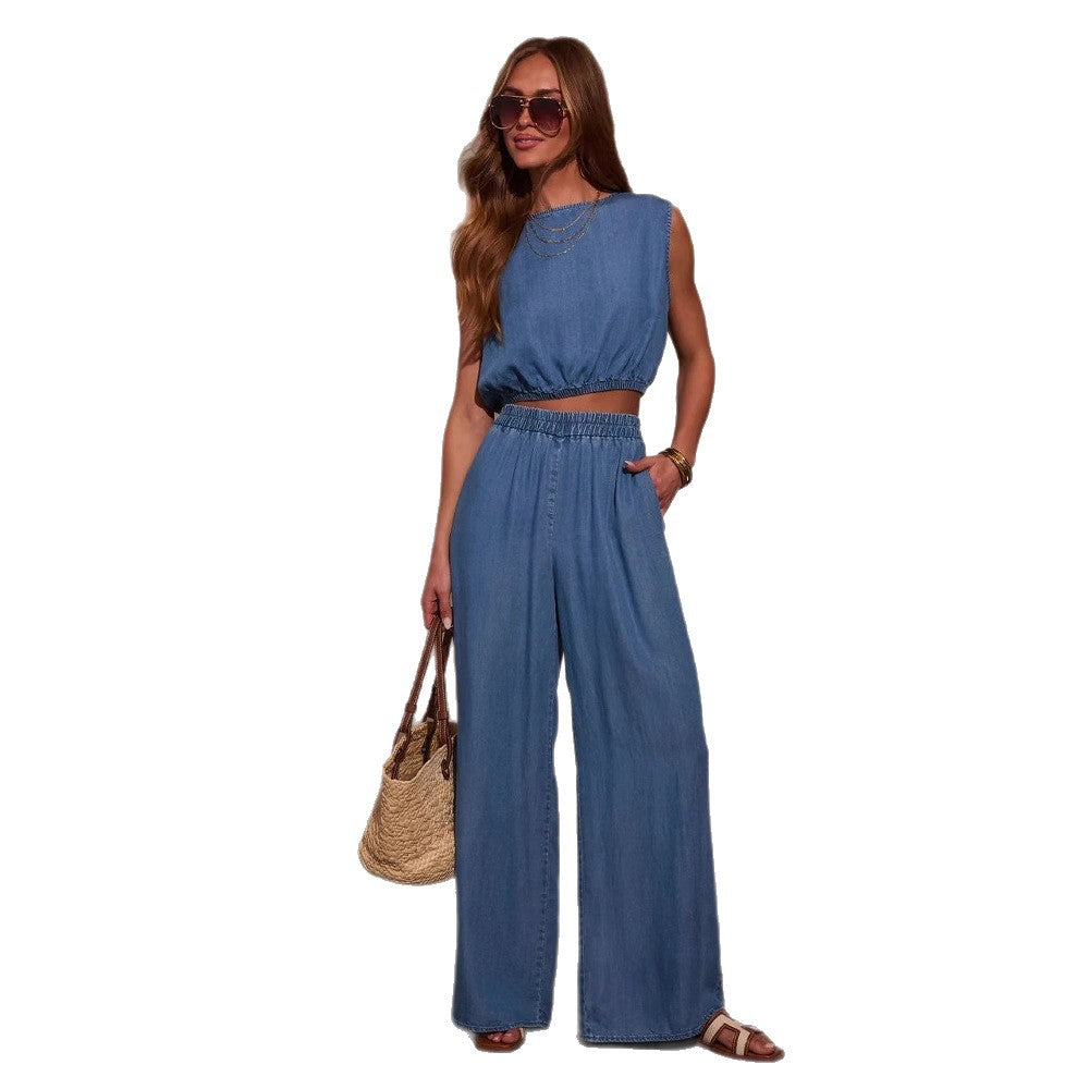 Damen lässiges Denim Set mit cropped Oberteil und weiten Hosen Drune
