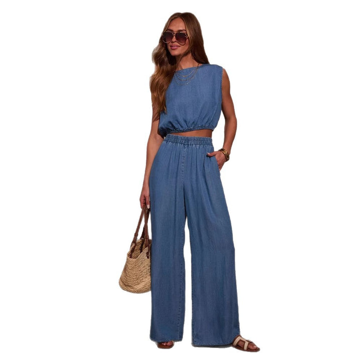 Damen lässiges Denim Set mit cropped Oberteil und weiten Hosen Drune