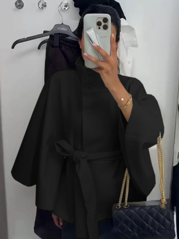 Damen nan weite Cape-Jacke mit Stehkragen, verdeckter Knopfleiste und Bindegürtel Drune
