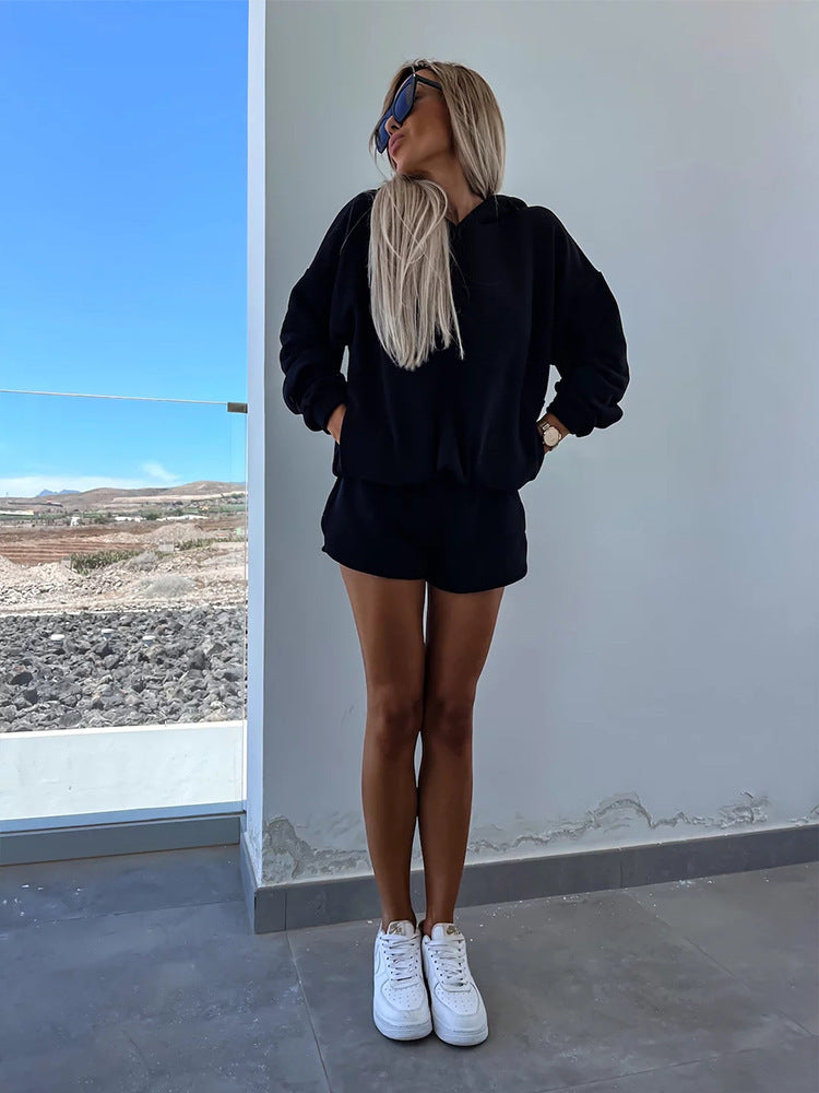 Damen lässiges Kapuzenoberteil und Shorts-Set Drune