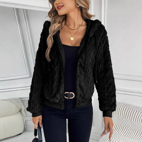 Damen modische Plüschjacke mit Kapuze und gerippten Bündchen Drune