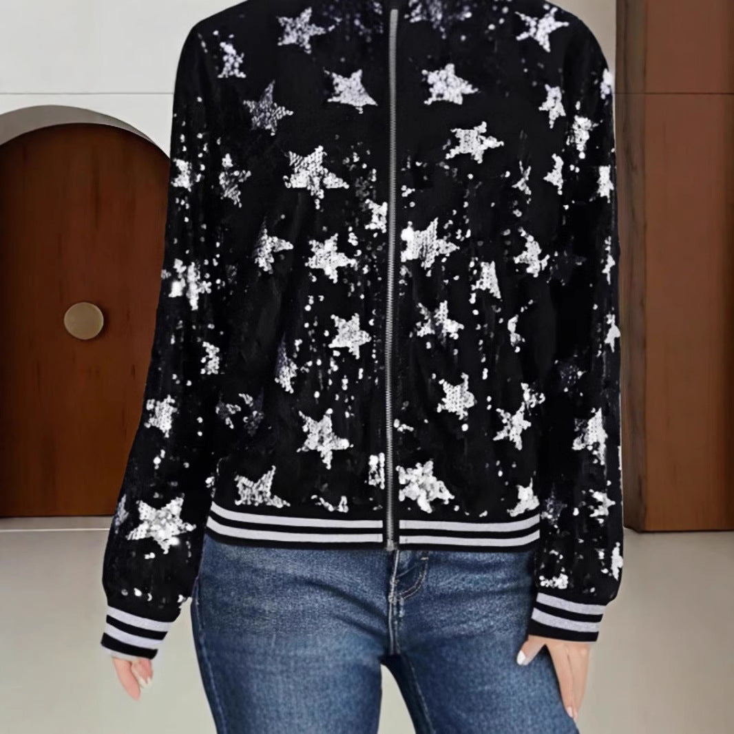 Damen Glitzernde Bomberjacke mit Sternen-Motiv Drune