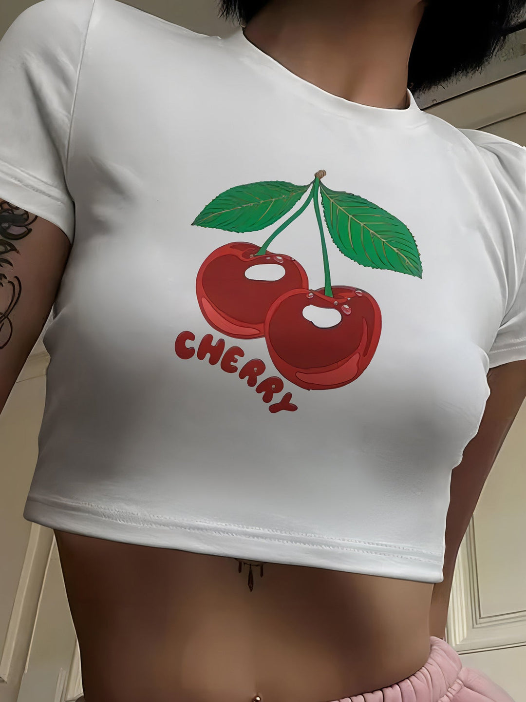 Damen Crop-T-Shirt mit fruchtigem Kirschdesign und lockerem Schnitt Drune