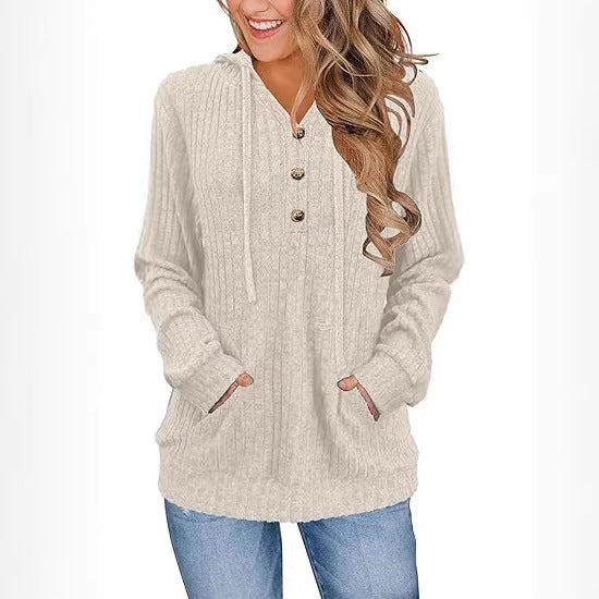Damen kuscheliger Kapuzenpullover mit Knopfleiste und seitlichen Taschen Drune
