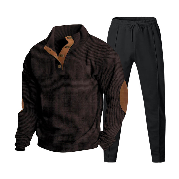 Herren nan gerippter Henley-Freizeitanzug mit dekorativer Knopfleiste und Wildleder-Ellenbogenpatch konisch geschnittene Jogginghose Drune