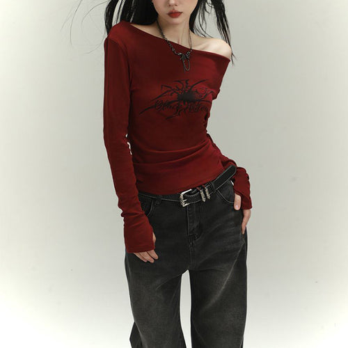 Damen Langarmshirt mit asymmetrischem Ausschnitt und grafischem Druck Drune