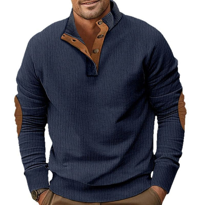 Herren nan geripptes Henley-Langarmshirt mit Stehkragen und Leder-Ellbogenpatches Drune