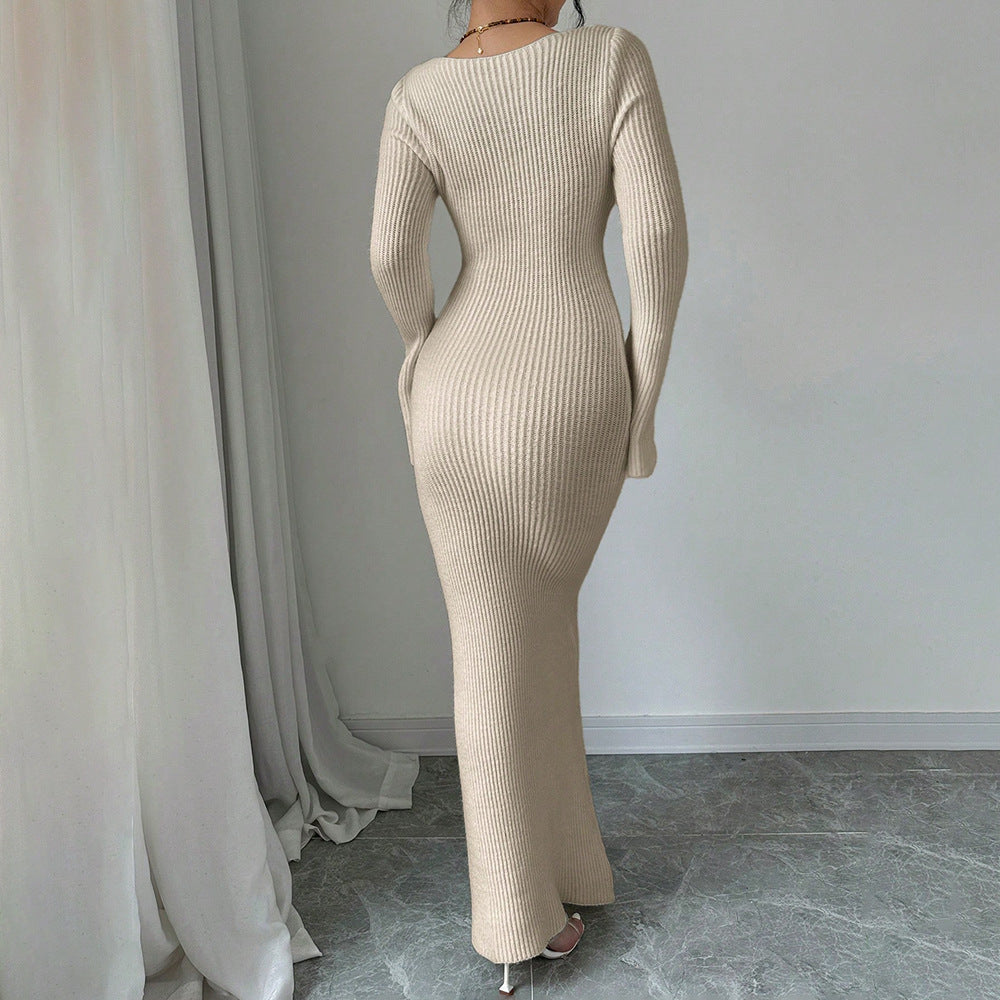 Damen Maxikleid mit elegantem Rippenstrick und modischen Blumenapplikationen Drune