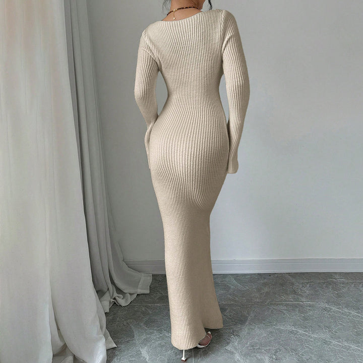 Damen Maxikleid mit elegantem Rippenstrick und modischen Blumenapplikationen Drune