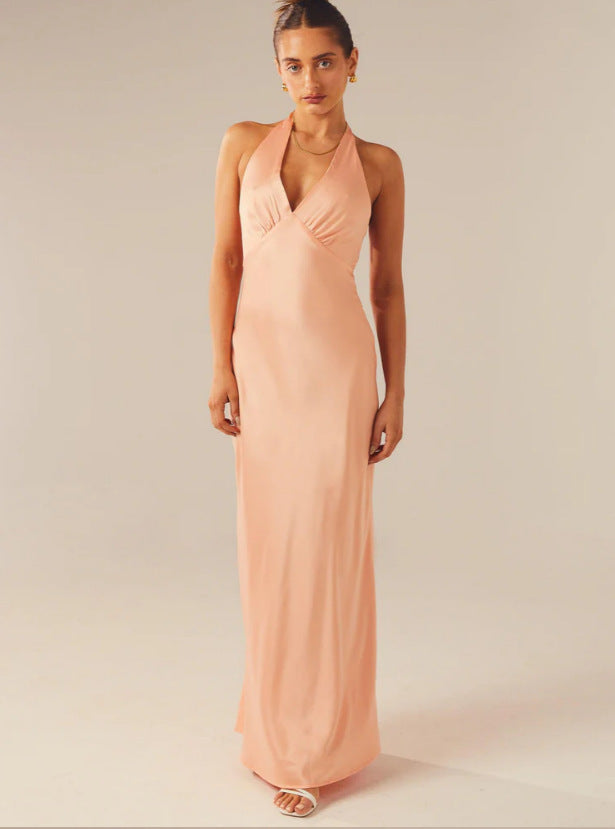 Damen Elegantes ärmelloses Hochzeitskleid mit Taillierungsband und fließendem Stoff Drune