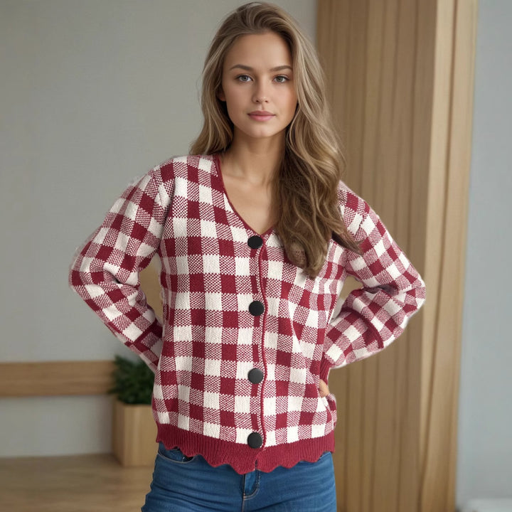Damen Strickjacke mit Kontrastmuster und Knopfdetails Drune