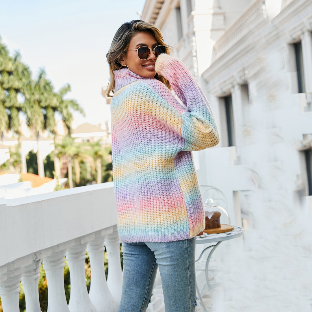 Damen trendiger Pullover mit weitem Rollkragen und einem bunten Wellenmuster Drune