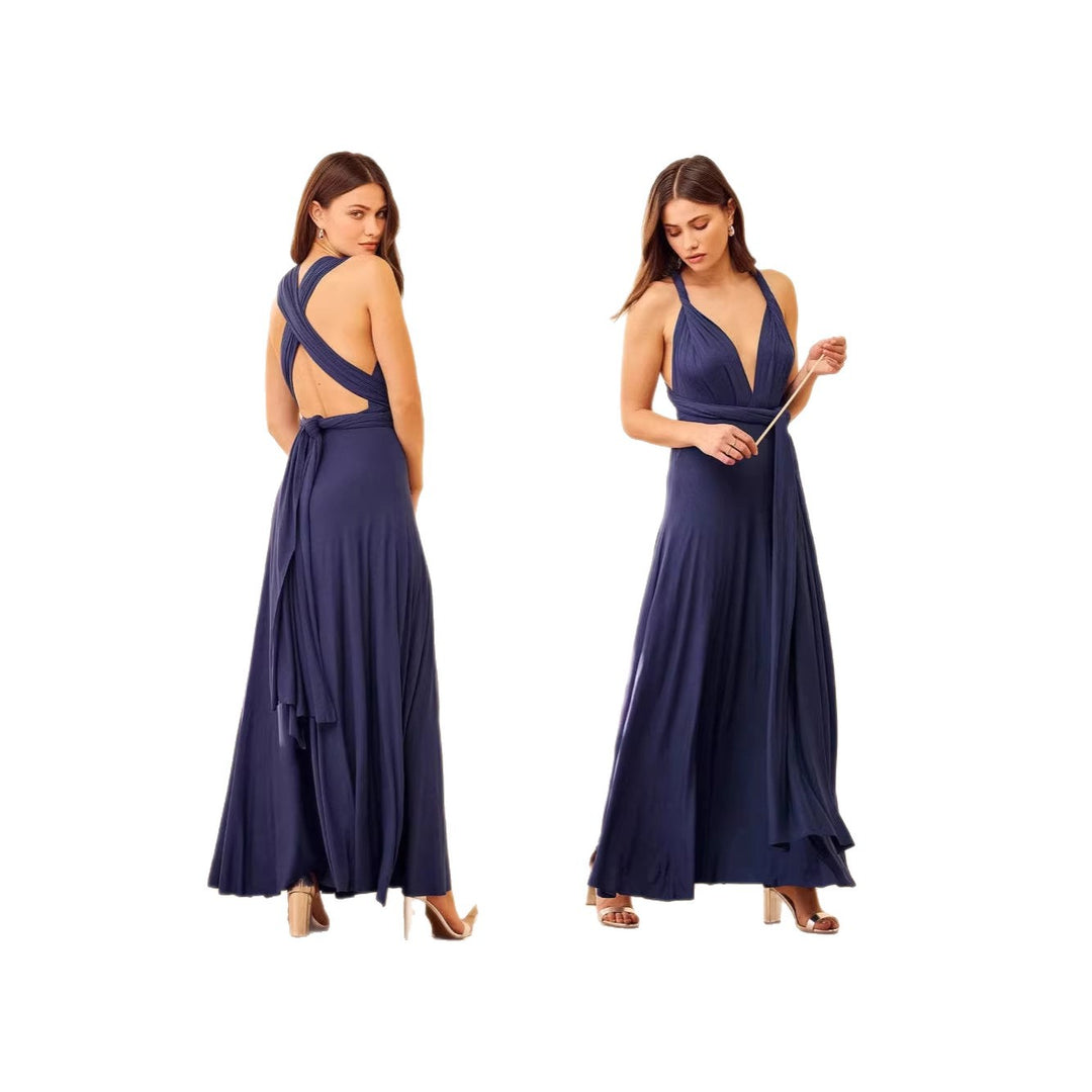 Damen elegantes Rundhals-Maxikleid mit variablen Trägeroptionen und fließendem Schnitt Drune