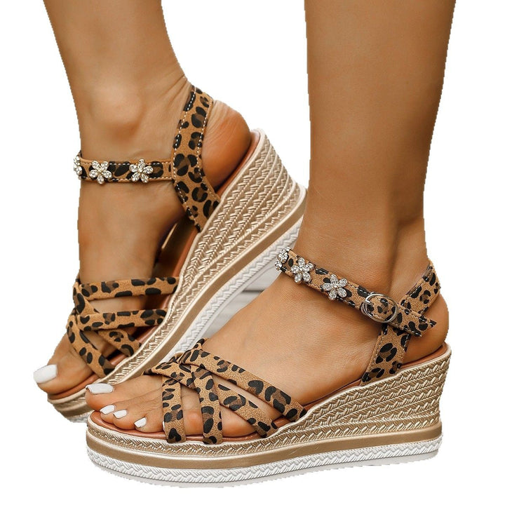 Damen Wedge-Sandalen mit dekorativen Riemen und modischem Leopardenmuster Drune
