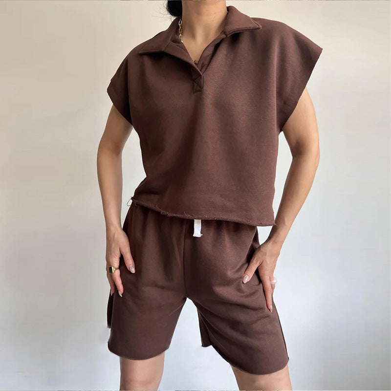 Damen lässiger Freizeitanzug mit hochgeschlossenem Kragen und elastischen Shorts Drune