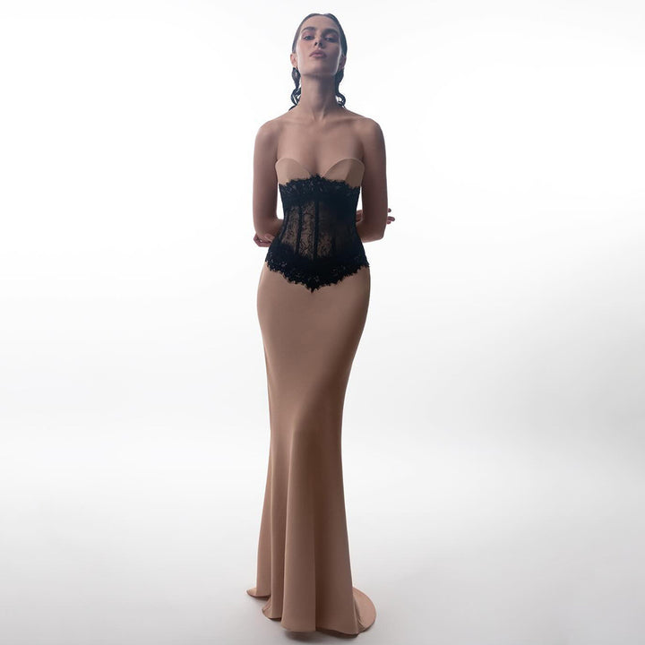 Damen Abendkleid mit elegantem Bustier und floralem Spitzenoberteil Drune