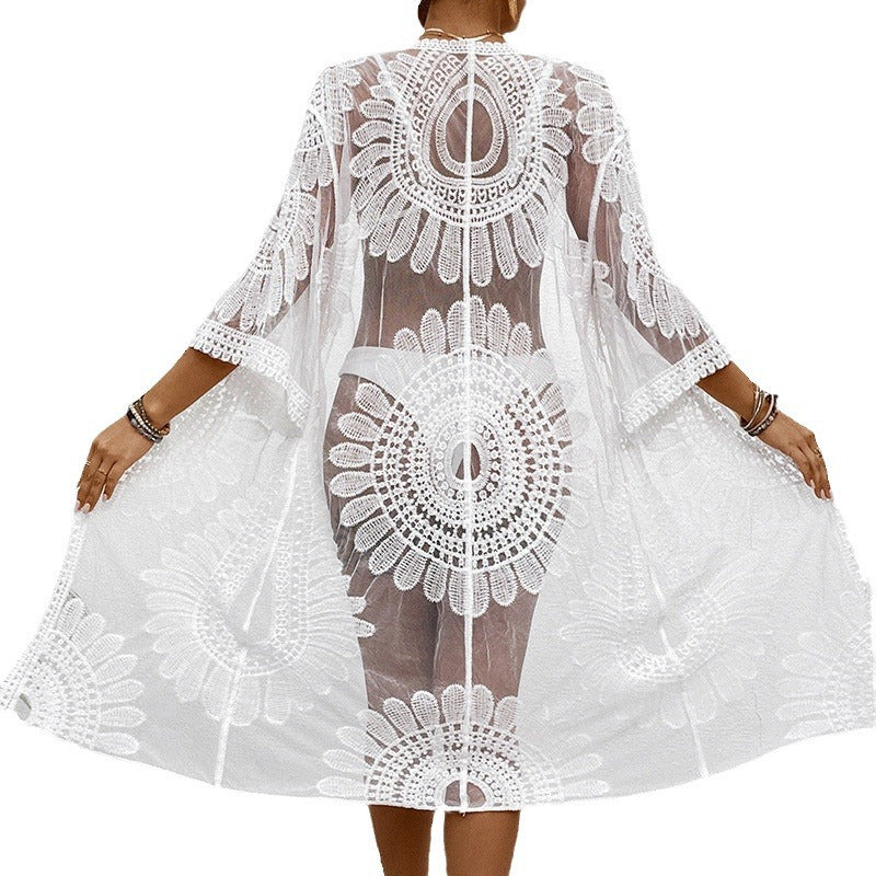 Damen transparenter Strandüberwurf mit elegantem Häkelmuster Drune