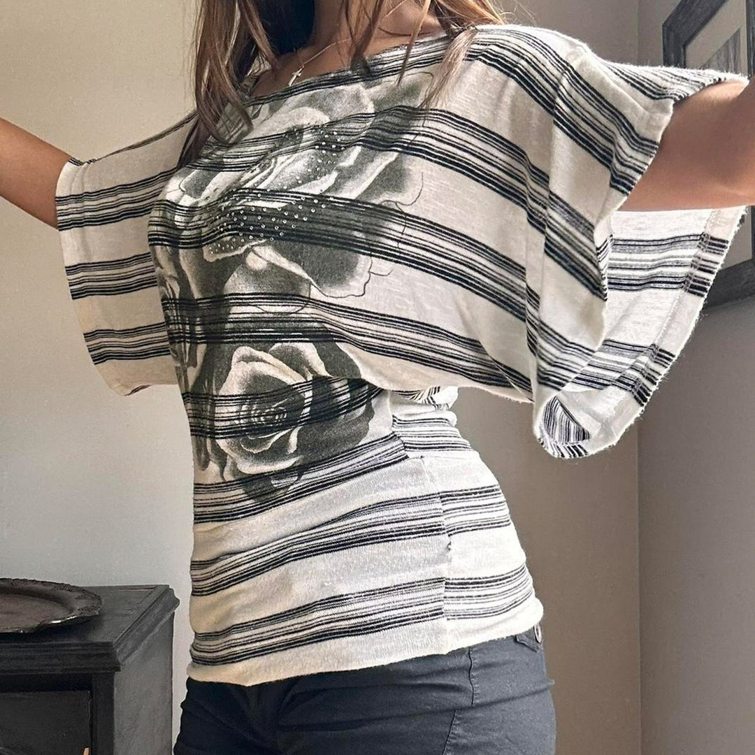 Damen Oversized T-Shirt mit floralem Streifenmuster und eleganter Passform Drune