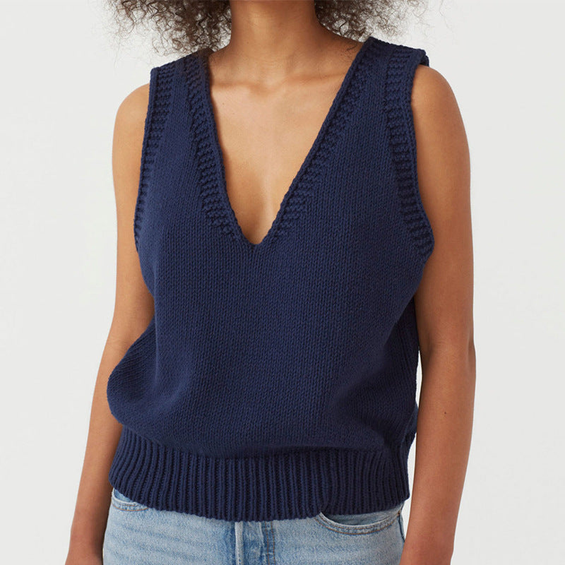 Damen stylischer Stricktop mit tiefem V-Ausschnitt und breiten Trägern Drune