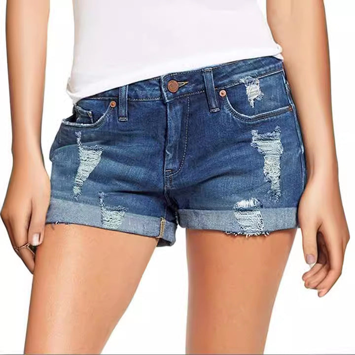 Damen modische Destroyed Denim-Shorts mit umgeschlagenem Saum Drune