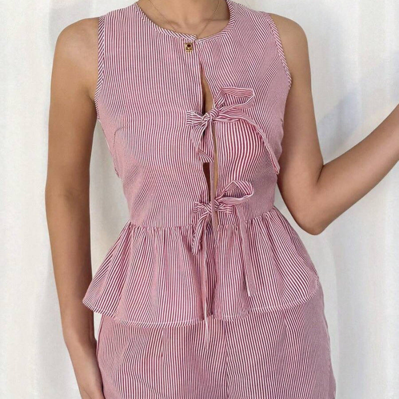 Damen Sommerliches Zweiteiliges Set mit Rüschendetails und verziertem Oberteil Drune