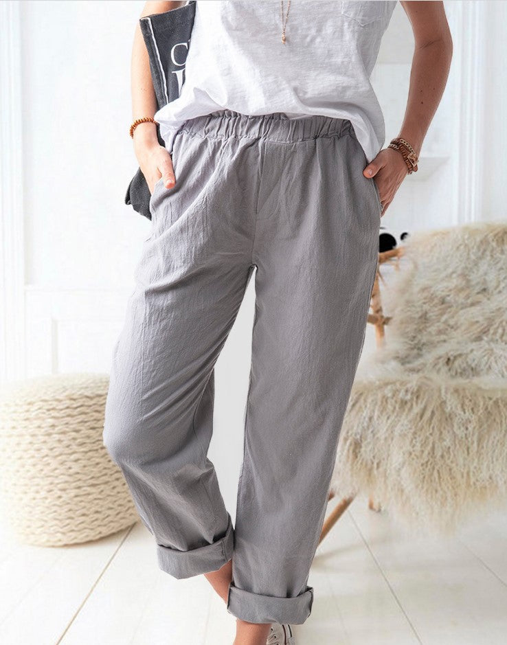Damen lässige Leinenhose mit elastischem Bund und praktischen Taschen Drune