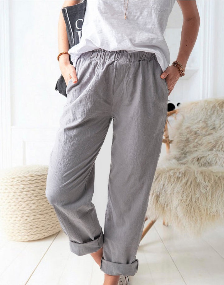 Damen lässige Leinenhose mit elastischem Bund und praktischen Taschen Drune
