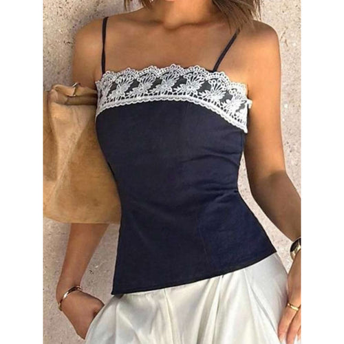 Damen Spaghetti-Träger Top mit elegantem Spitzenrand Drune