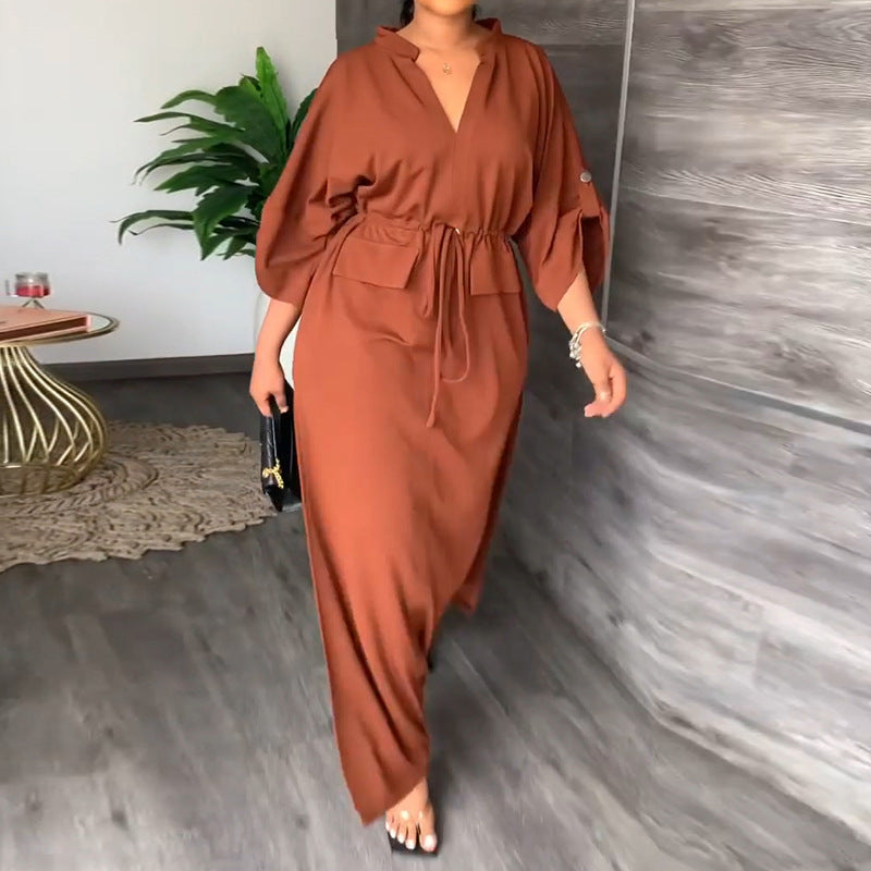 Damen Elegantes Maxikleid mit taillierbarem Gürtel und weit geschnittenen Ärmeln Drune