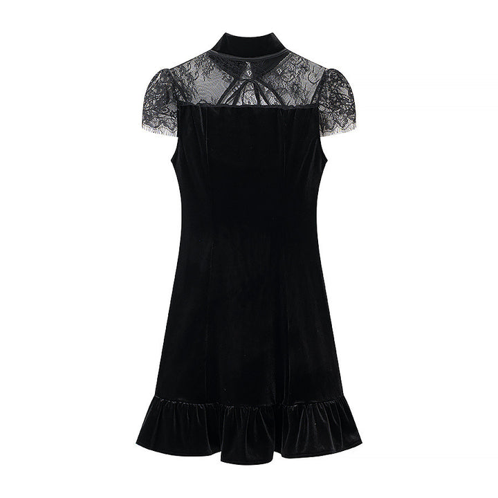 Damen Abendkleid mit transparenten Spitzenärmel und Rüschensaum Drune