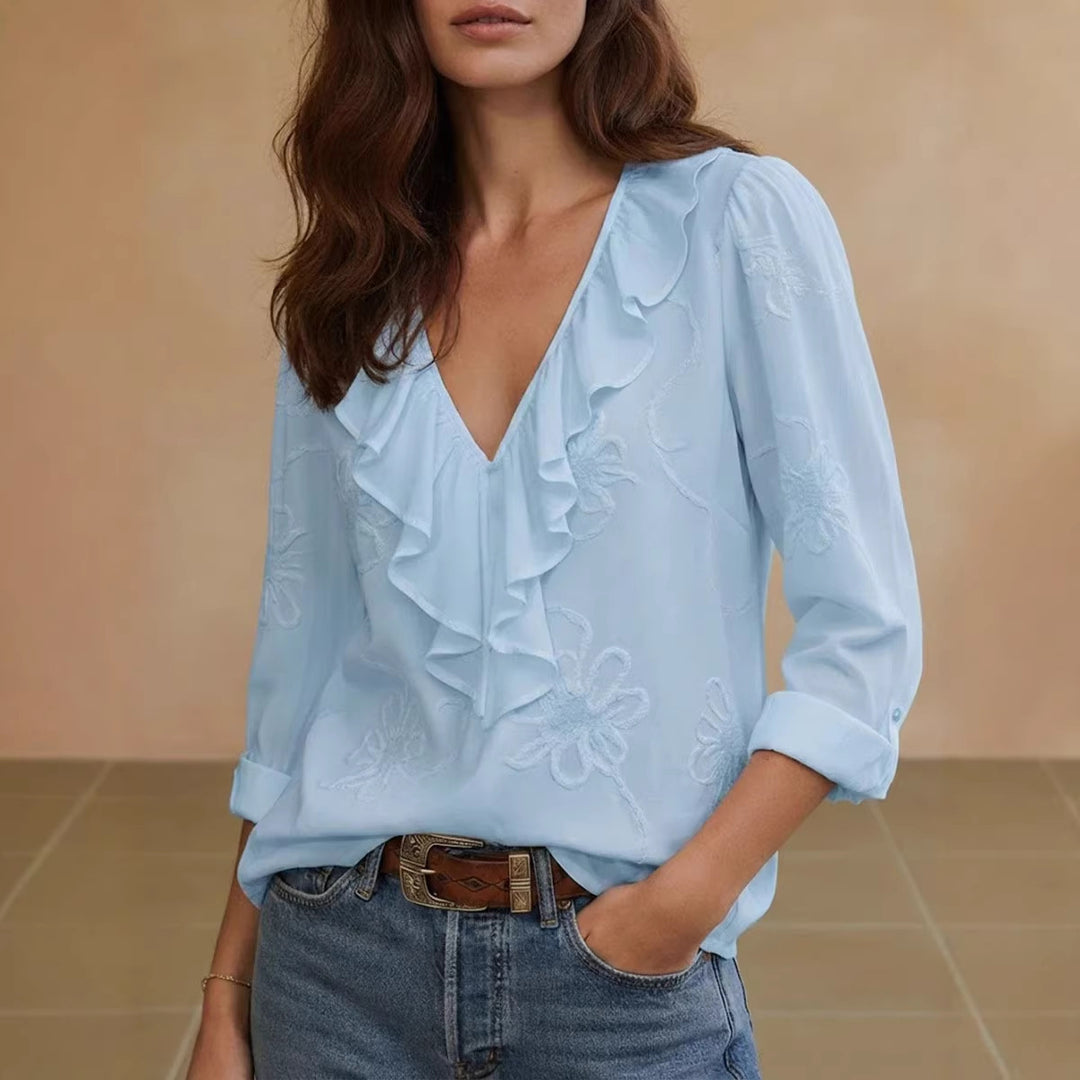Damen elegante Bluse mit Volant und floralem Stickmuster Drune