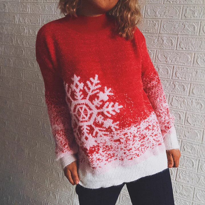 Damen festlicher Strickpullover mit winterlichem Schneeflockenmotiv Drune