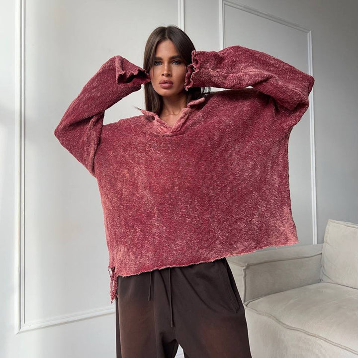 Damen Lässiger Oversized Pullover mit Rüschensaum und V-Ausschnitt Drune