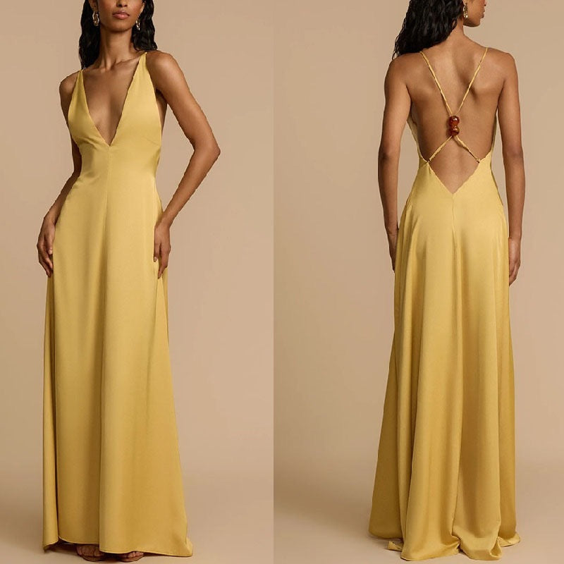 Damen Elegantes Maxikleid mit tiefem V-Ausschnitt und fließendem Schnitt Drune