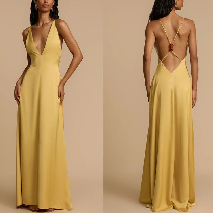 Damen Elegantes Maxikleid mit tiefem V-Ausschnitt und fließendem Schnitt Drune