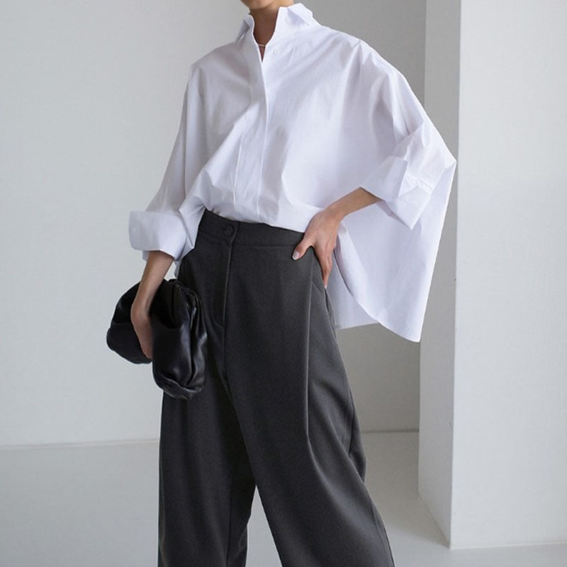 Damen modische Oversized-Bluse aus hochwertiger Baumwolle mit lässigem Schnitt und Stehkragen Drune