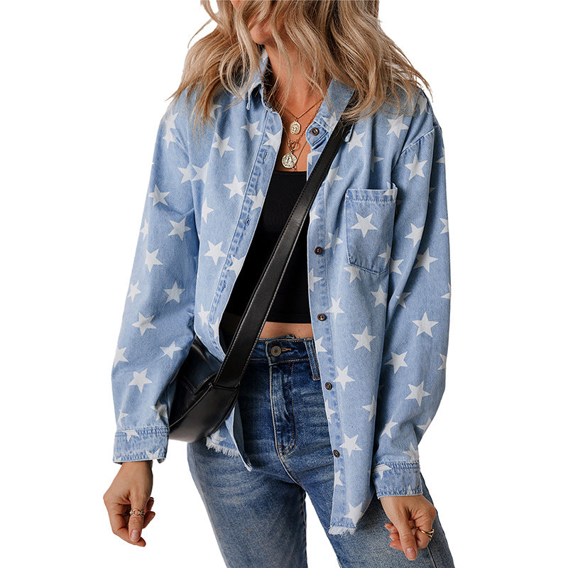 Damen Jeanshemd mit Sternen-Muster und praktischer Brusttasche Drune