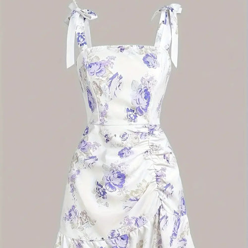 Damen Spaghettiträger Mini-Kleid mit floralem Design und Rüschensaum Drune