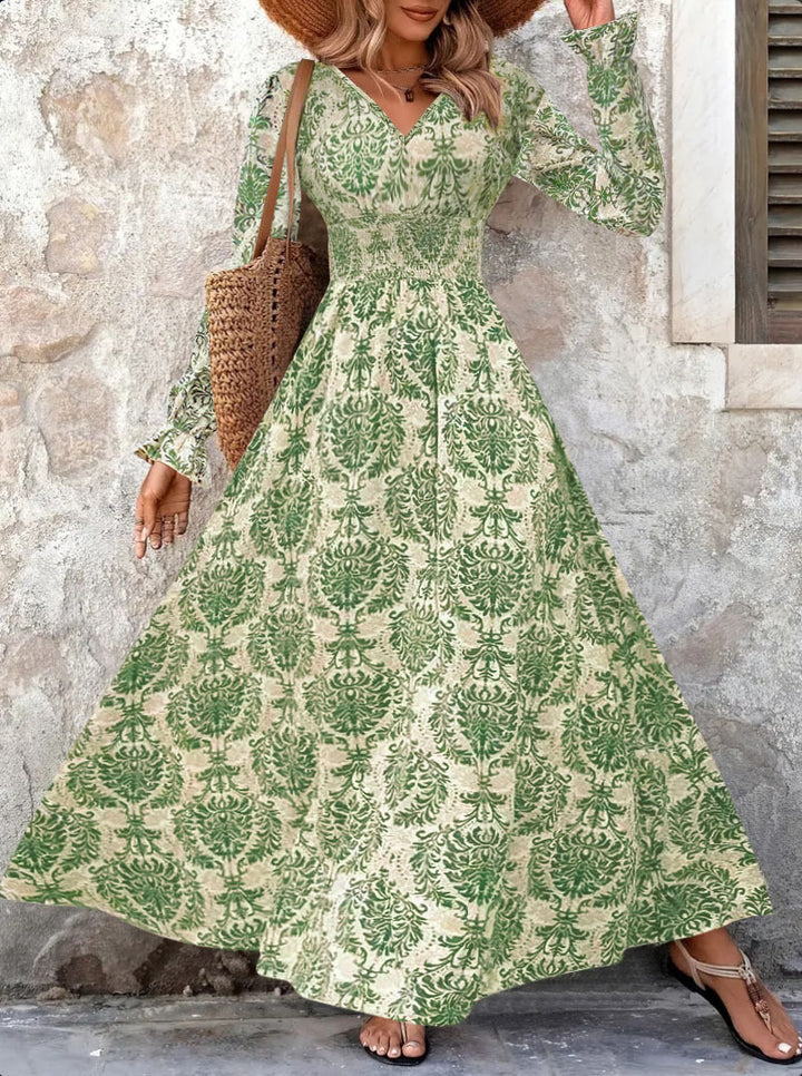 Damen Langes Maxikleid mit floralem Jacquard-Muster und voluminösen Ärmeln Drune