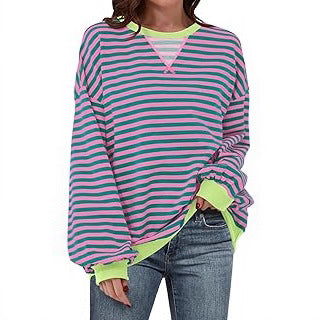 Damen lässiger Sweater mit auffälligem Streifenmuster und elastischen Bündchen Drune