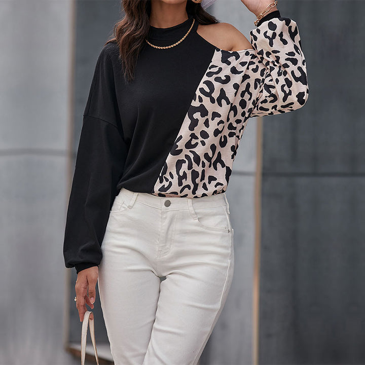 Damen modisches Langarmshirt mit Leopardenmuster und asymmetrischen Einsätzen Drune