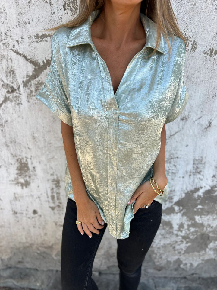 Damen Hemdbluse aus glänzender Satin-Optik mit kurzen Ärmeln Drune