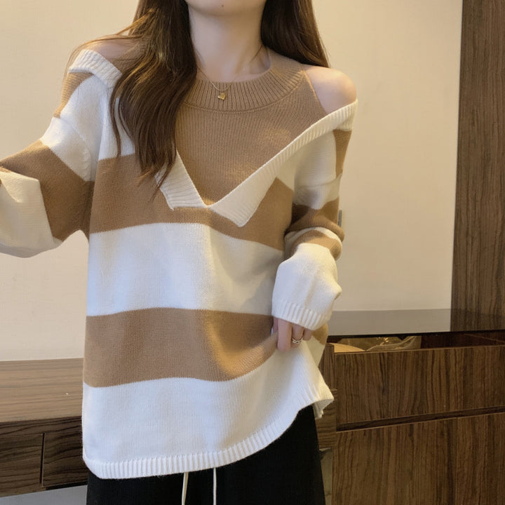 Damen V-Ausschnitt Oversized-Pullover mit modischem Streifenmuster und offenem Schulterdesign Drune