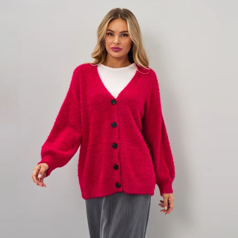Damen kuschelige Strickjacke mit asymmetrischem Schnitt und Knopfverschluss Drune