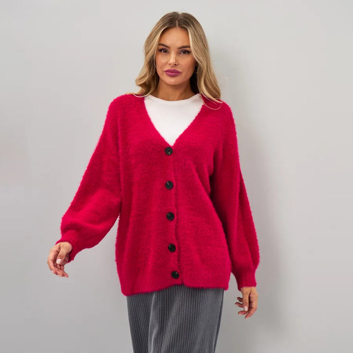 Damen Flauschiger Cardigan mit tiefem V-Ausschnitt und Knopfdetails Drune