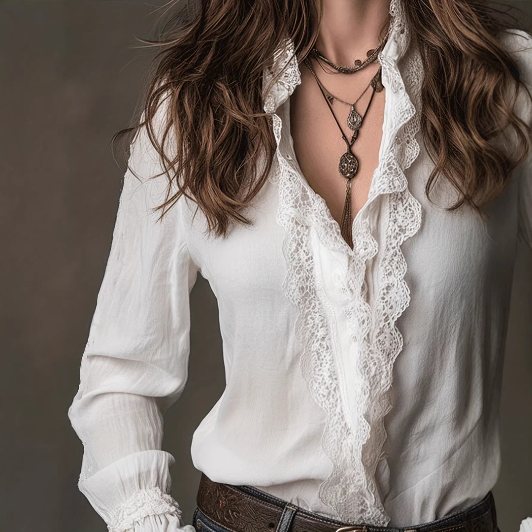 Damen elegante Bluse mit Rüschendetails und Spitzenbesatz Drune