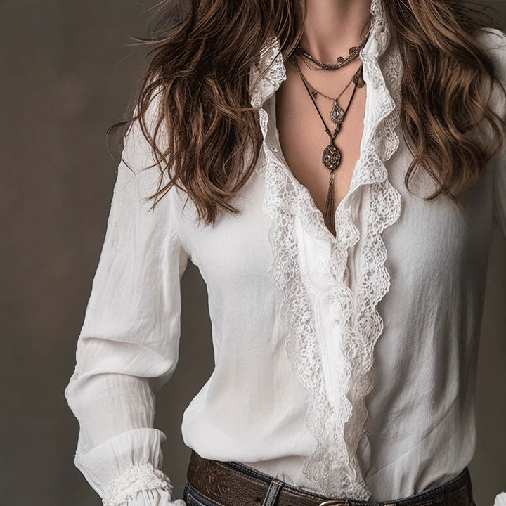 Damen elegante Bluse mit Rüschendetails und Spitzenbesatz Drune