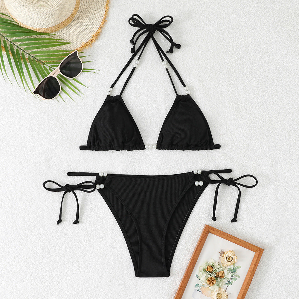 Damen Triangle-Bikini mit perlenschmückten Trägern und eleganter Raffung Drune