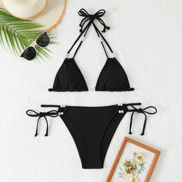 Damen Triangle-Bikini mit perlenschmückten Trägern und eleganter Raffung Drune