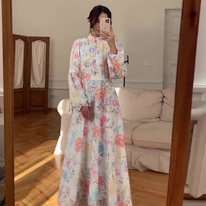Damen Maxikleid mit feinem Blumenmuster und eleganten Puffärmeln Drune